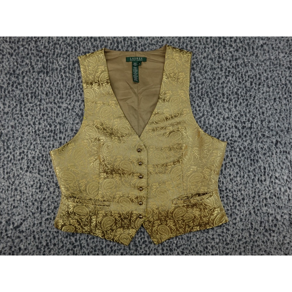 Lauren Ralph Lauren Vest Womens 10 Gold Paisley Silk Blend Metallic Jacquard